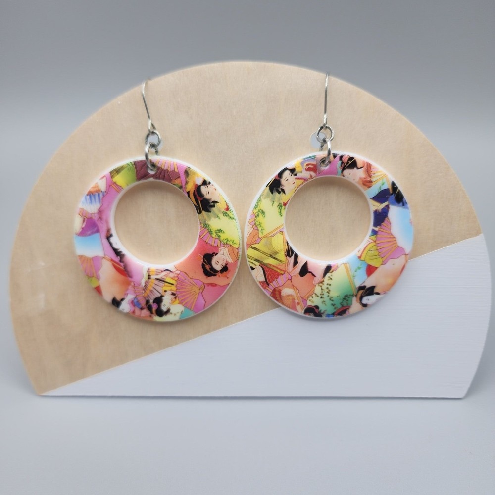 Vintage Japanese Geisha Earrings 2"  Dangle Hoop Asian